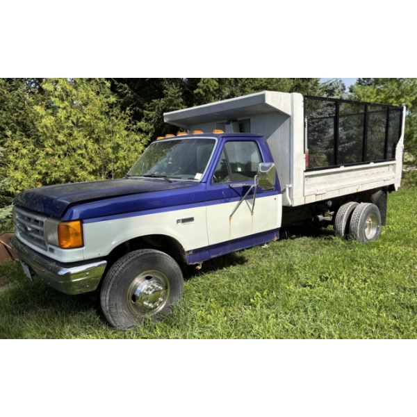FORD F350 UTILITY TRUCK W/ DUMP BOX & HOIST - 1990
