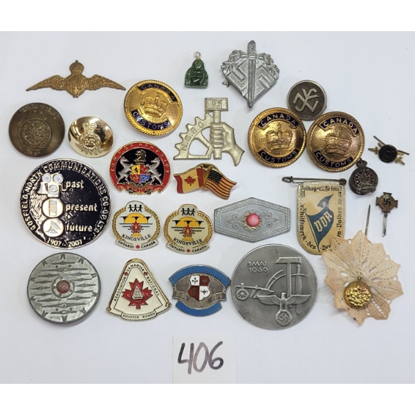 LOT OF 25 - MISC BADGE, PINS & BUTTONS
