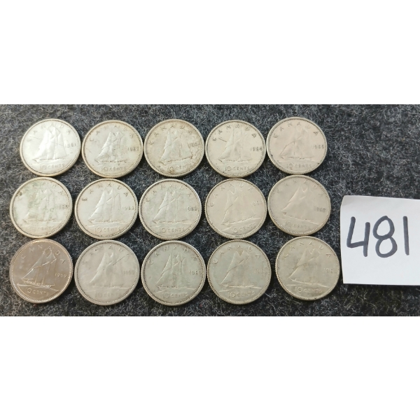 LOT OF 15 - 1955-1969 CDN 10 CENT COINS - INCL SILVER
