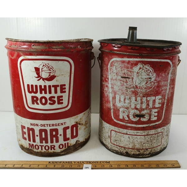 LOT OF 2 - WHITE ROSE MOTOR OIL CANS - 5 GAL