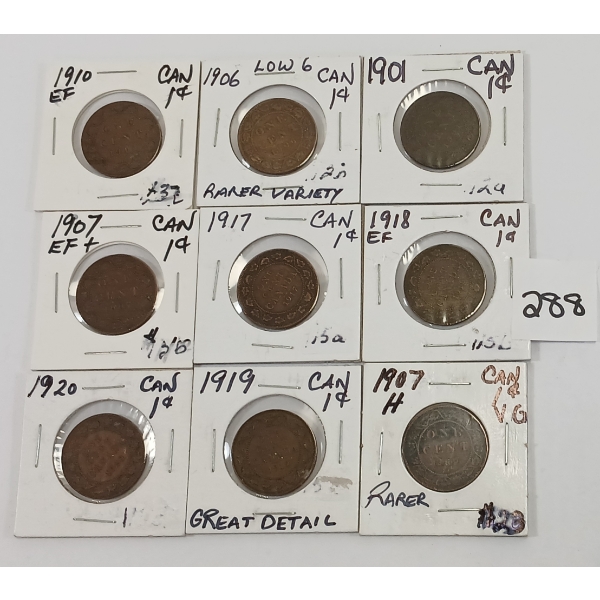 LOT OF 9 - CDN BIG PENNIES - INCL 1901, 1906, 1907 & 1910 ETC