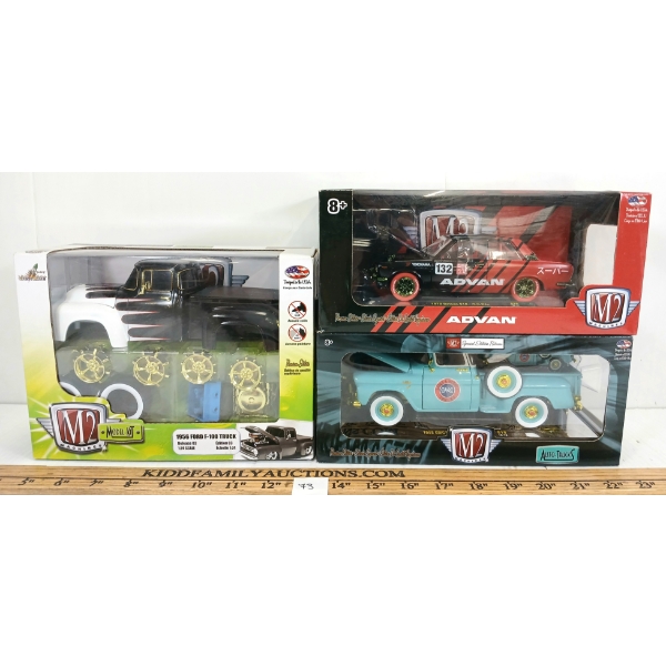 LOT OF 3 - M2 MACHINES DIECAST  '70 DATSUN 510, '58 GMC 100 STEP SIDE & '56 FORD F-100 TRUCK MODELS