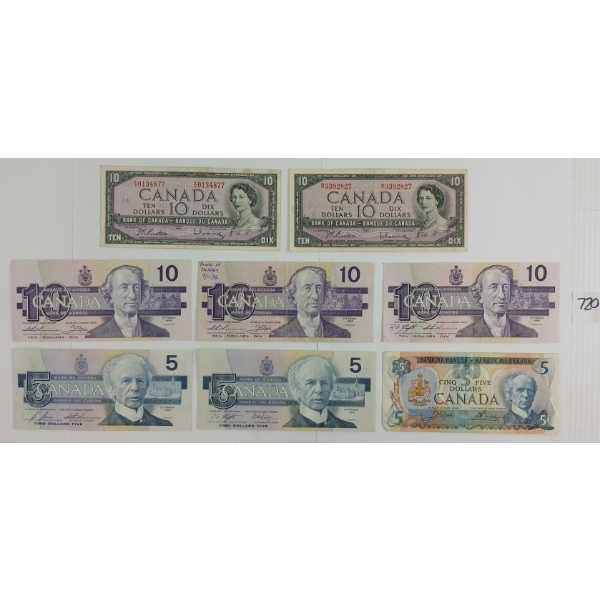 LOT OF 8 - 1954 - '89 CDN $5 & $10 BANKNOTES