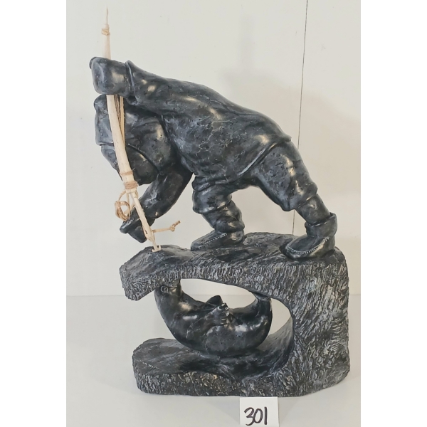 "INUK HARPOONING SEAL" BY JOHNNY ACULIAK (1951-2008) - STONE, LEATHER & BONE