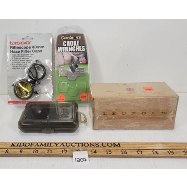 JOB LOT - LEUPOLD MATTE SUN SHADE - CARLSON'S CHOKE WRENCH & TASCO RIFLESCOPE 40MM FILTER CAPS, ETC