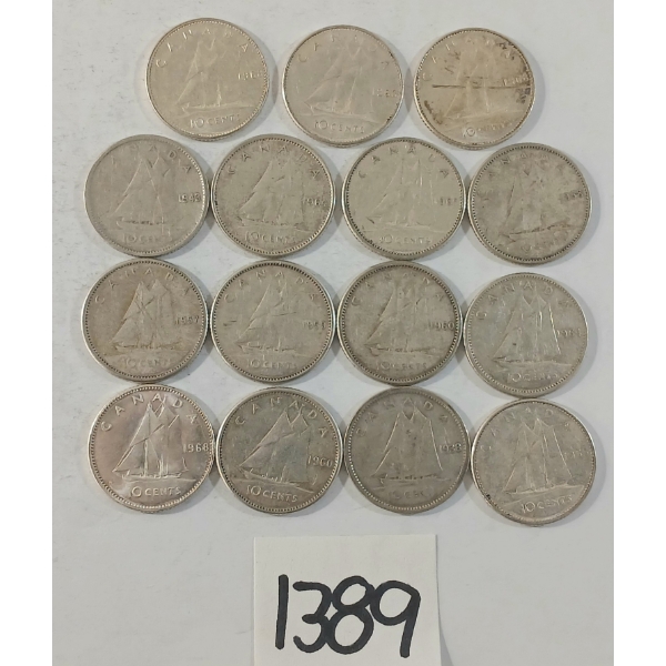 LOT OF 15 - 1943-1968 CDN SILVER DIMES