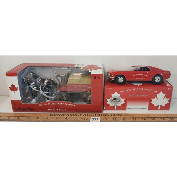 LOT OF 2 - ERTL ELMIRA SYRUP FESTIVAL HORSE WAGON & 1969 MUSTANG DIECAST COIN BANKS