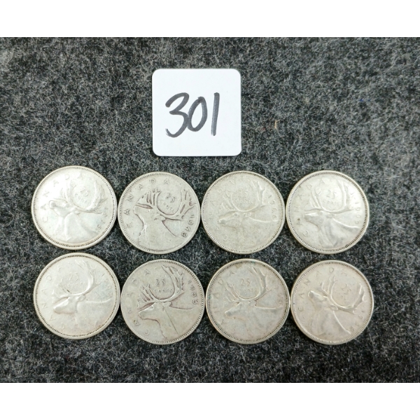 LOT OF 8 - 1943-1966 CDN 25 CENT COINS