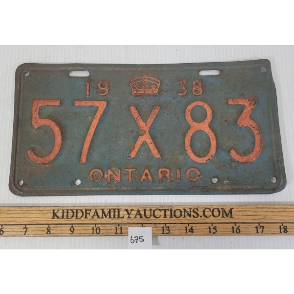 1938 ONTARIO LICENCE PLATE
