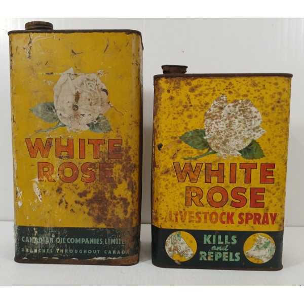 LOT OF 2 - WHITE ROSE LIVESTOCK SPRAY & MOTOR OIL CANS - GAL & 128 OZ 