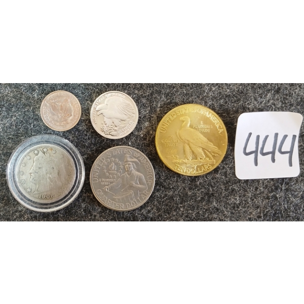 LOT OF 5 - 1933 U.S. $10 24K GOLD COIN, 1/10 TROY OZ .999 SILVER COIN, 1896, 1908 & 1976 COINS