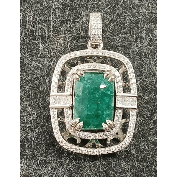 STERLING SILVER EMERALD CUT NATURAL ZAMBIAN EMERALD & CUBIC ZIRCONIA PENDANT ($7,396.00 APPRAISAL)