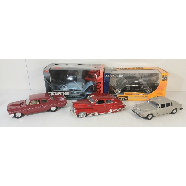 LOT OF 5 - DIECAST MODELS - SILVER SHADOW II, FAIRLANE THUNDERBOLT, AEROSEDAN FLEETLINE, ETC