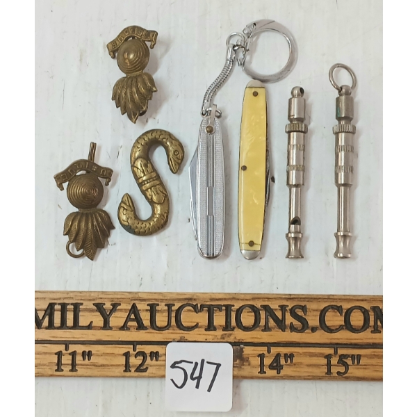 LOT OF 7 - DOG WHISTLES, POCKET KNIVES & CDN MILITARIA PCS