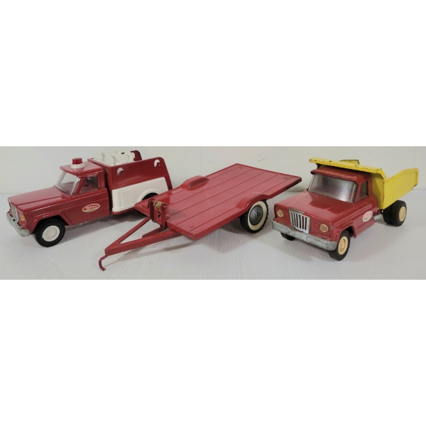 LOT OF 3 - TRU SCALE FLATBED TRAILER, TONKA PRESSED STEEL / PLASTIC DUMP & FIRE TRUCKS