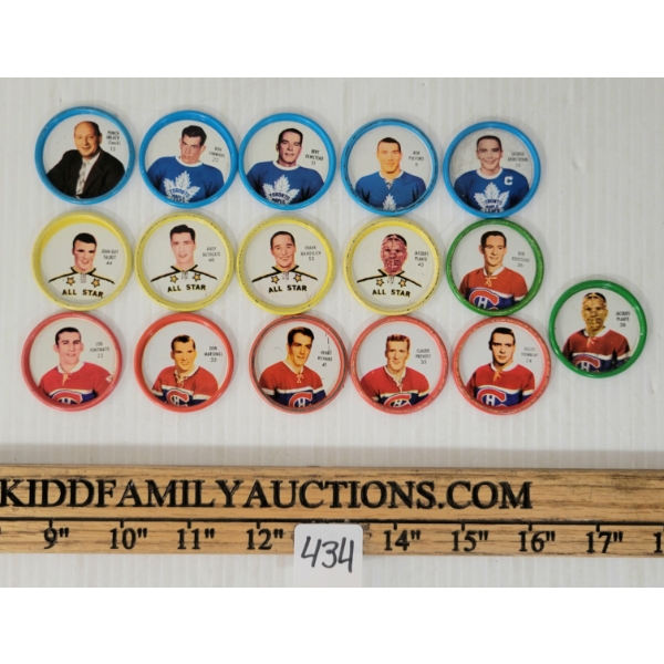 LOT OF 16 - 1960'S SHIRRIFF HOCKEY COINS - MAPLE LEAFS, CANADIENS & ALL STARS