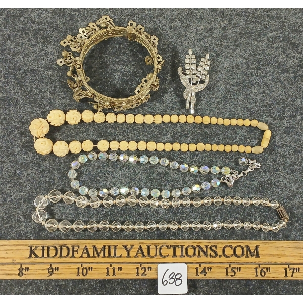JOB LOT - CRYSTAL BEADED NECKLACES, BONE CARVED ROSE NECKLACE, MIDDLE EASTERN BELL BANGLE, ETC