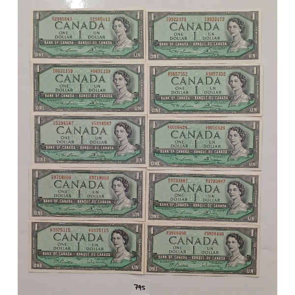 LOT OF 10 - 1954 CDN $1 BANKNOTES 