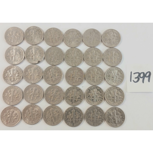 LOT OF 30 - 1965-1990 US DIMES
