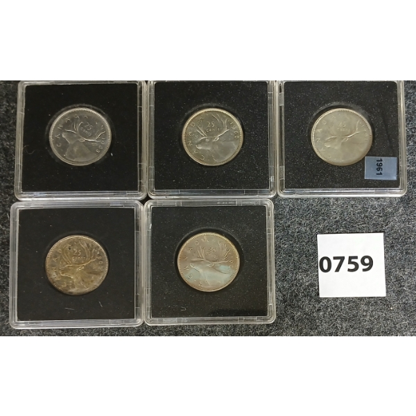 LOT OF 5 - 1960-1963 CDN SILVER 25 CENT COINS 