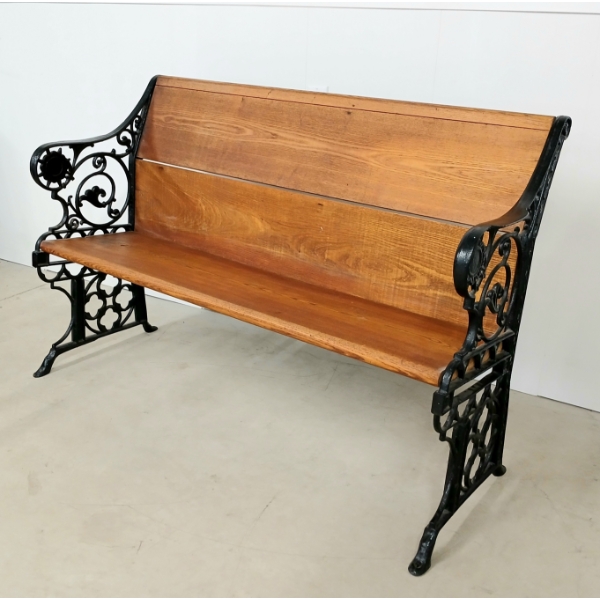 GARDEN BENCH W/ ORNATE SCROLLWORK WROUGHT IRON ENDS 