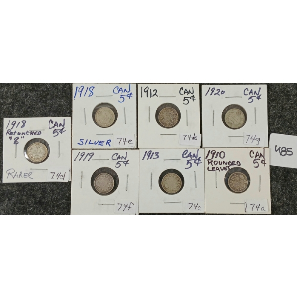 LOT OF 7 - 1910-1920 CDN SILVER 5 CENT COINS 