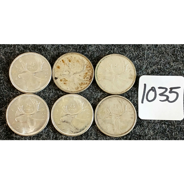 LOT OF 6 - 1959-1968 CDN 25 CENT COINS