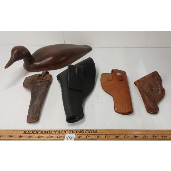 LOT OF 4 - DECOY DUCK & LEATHER HANDGUN HOLSTERS