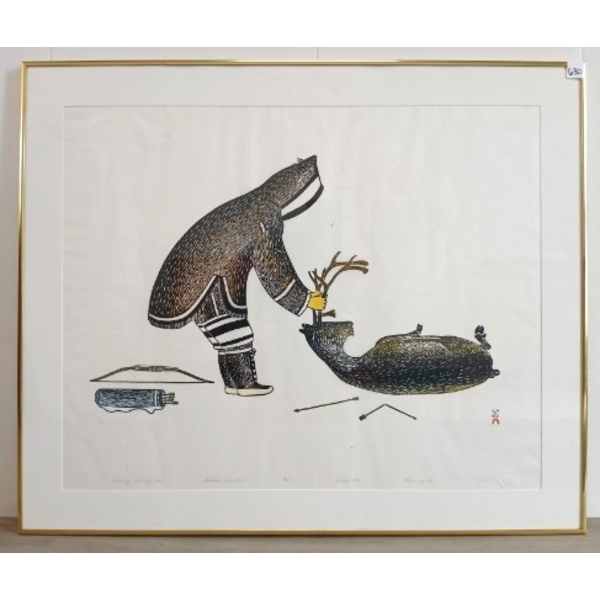 "HUNTING WITH THE BOW" BY KANANGINAK POOTOOGOOK(1935 - 2010) - FRAMED STONECUT & STENCIL