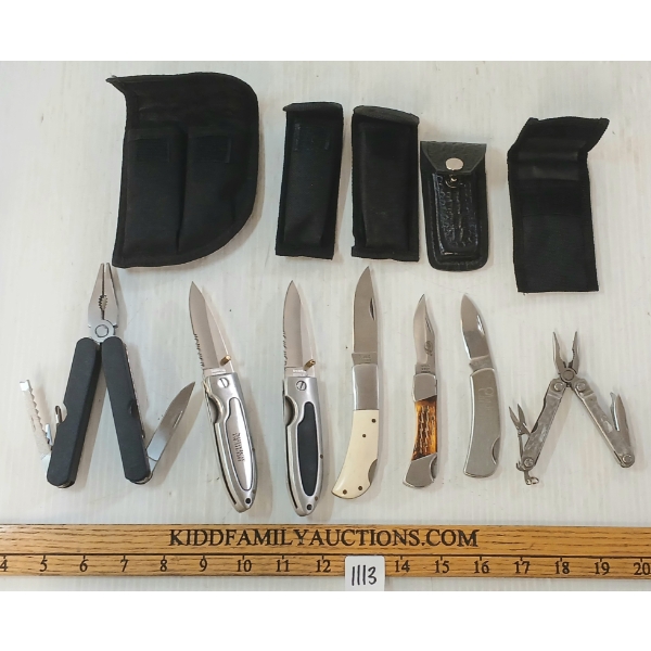LOT OF 7 - FOLDING KNIVES & POCKET TOOLS W/ CASES