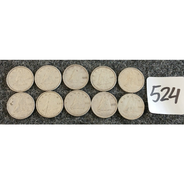 LOT OF 10 - 1943-1965 CDN 10 CENT COINS