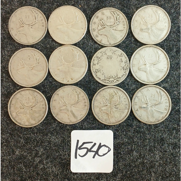 LOT OF 12 - 1941-1966 CDN 25 CENT COINS 
