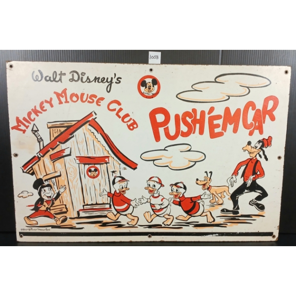 WALT DISNEY'S MICKEY MOUSE CLUB PUSH'EM CAR MASONITE SIGN