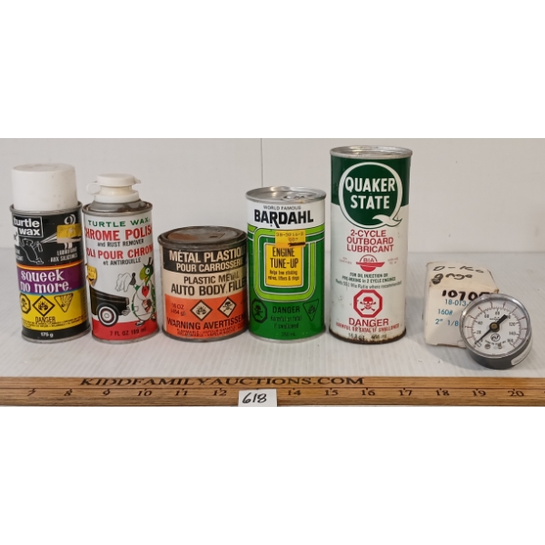 LOT OF 6 - AUTO PRODUCTS - BARDAHL ENGINE TUNE-UP, TURTLE WAX, BODY FILLER. PRESSURE GAUGE, ETC