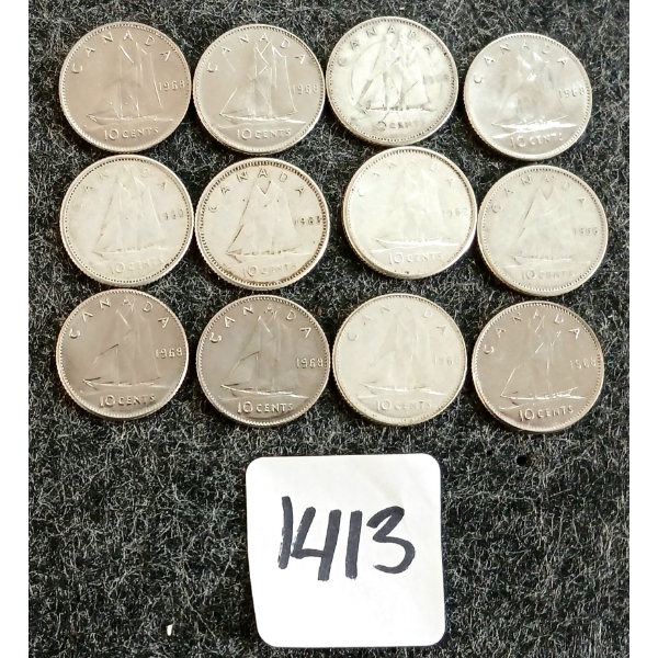 LOT OF 12 - 1956-1968 CDN 10 CENT COINS