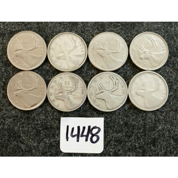 LOT OF 8 - 1942-1979 CDN 25 CENT COINS 