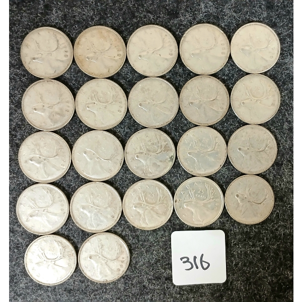 LOT OF 22 - 1968 CDN 25 CENT COINS 