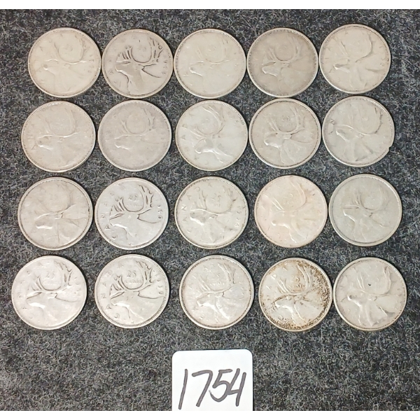 LOT OF 20 - 1939-1968 CDN 25 CENT COINS
