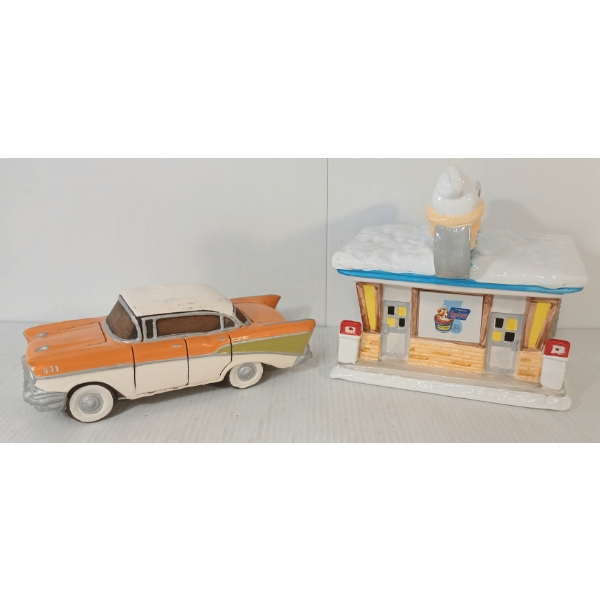LOT OF 2 - CERAMIC CLASSIC CAR MODEL & DAIRY QUEN LIGHT UP DISPLAY