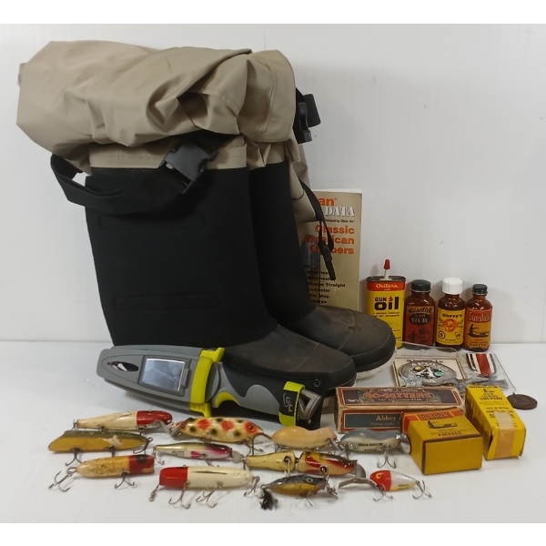 JOB LOT - HIP WADERS, FISHING LURES, LES STROUD CAMILLUS SURVIVAL KNIFE, ETC