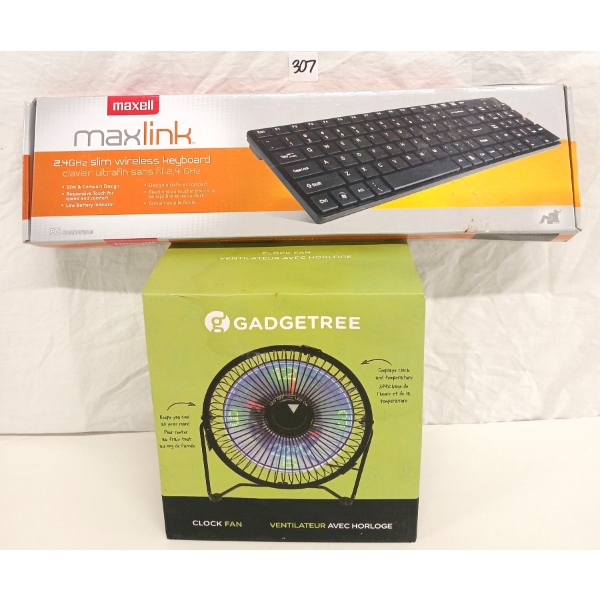 LOT OF 2 - GADGETREE CLOCK FAN & MAXWELL MAXLINK SLIM WIRELESS KEYBOARD
