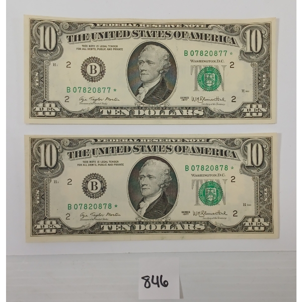 LOT OF 2 - 1977 U.S. $10 BANKNOTES - SEQUENTIAL