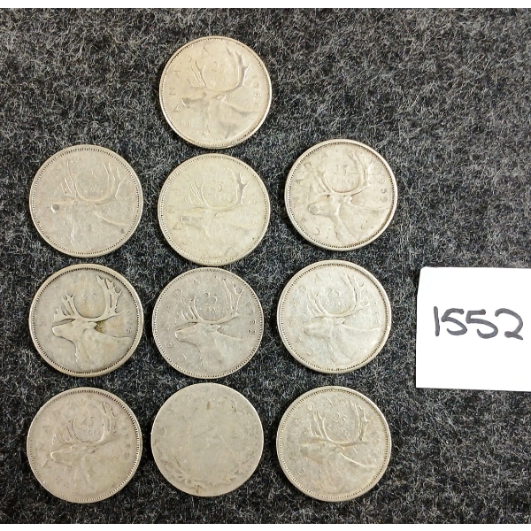 LOT OF 10 - 1953-1966 CDN 25 CENT SILVER COINS