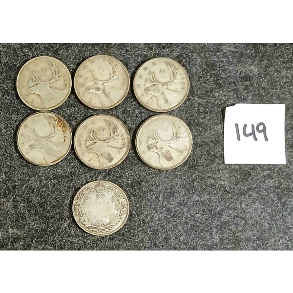 LOT OF 7 - CDN 25 CENT SILVER COINS - PRE 1967