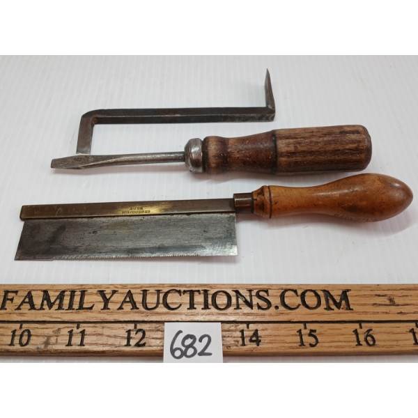 LOT OF 3 - MID 1800'S CHISEL, SCREWDRIVER & BRASS BACKED SAW