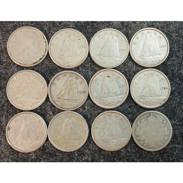 LOT OF 12 - 1940-1966 CDN 10 CENT COINS