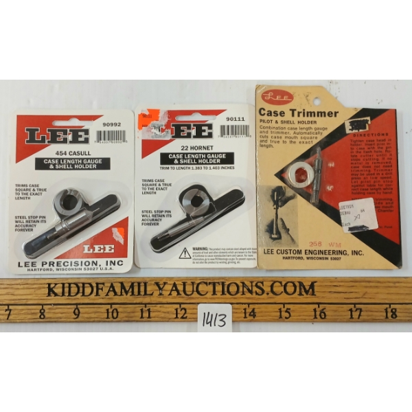 LOT OF 3 - LEE CASE LENGTH GUAGE & SHELL HOLDERS - 256 WIN MAG, 22 HORNET & 454 CASUAL