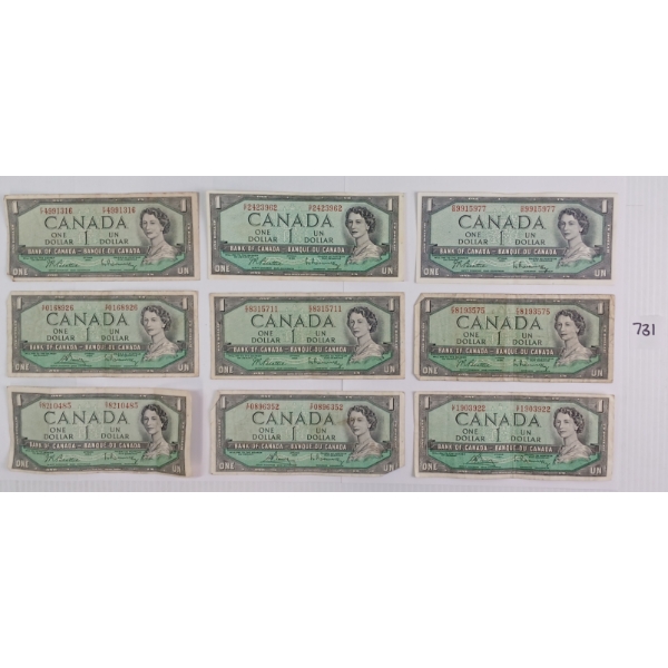 LOT OF 9 - 1954 CDN $1 BANKNOTES