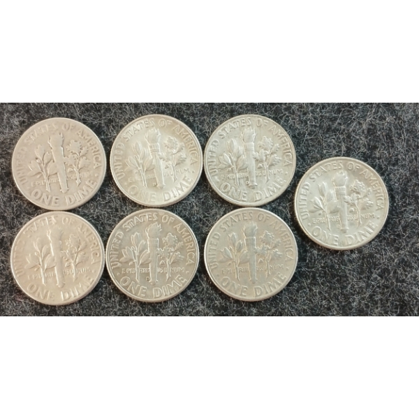 LOT OF 7 - 1954-1965 U.S. 10 CENT COINS