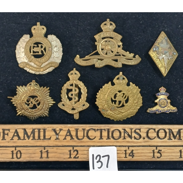 LOT OF 7 - WWI CDN ARTILLERY & WWII E.R. III BADGES